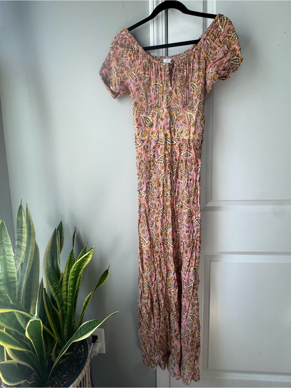 Patrons of peace boho off shoulder dress peach paisley maxi small slit